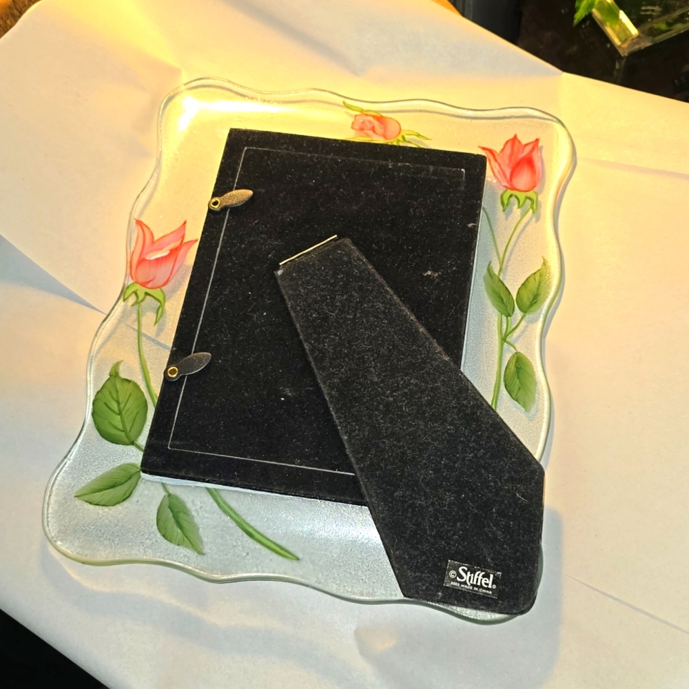 STIFFEL Glass Hand Painted Tulip Flower Picture Frame 9.5" x 7.5